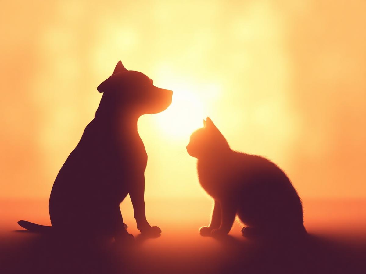 Silhouettes of a dog and cat bathed in warm heavenly light